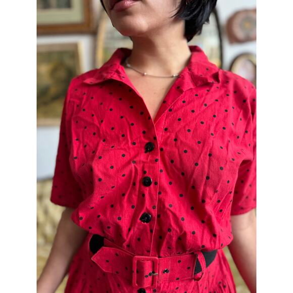 80s Vintage Red and Black Polka Dot Belted Dress Size Small - Picture 3 of 8